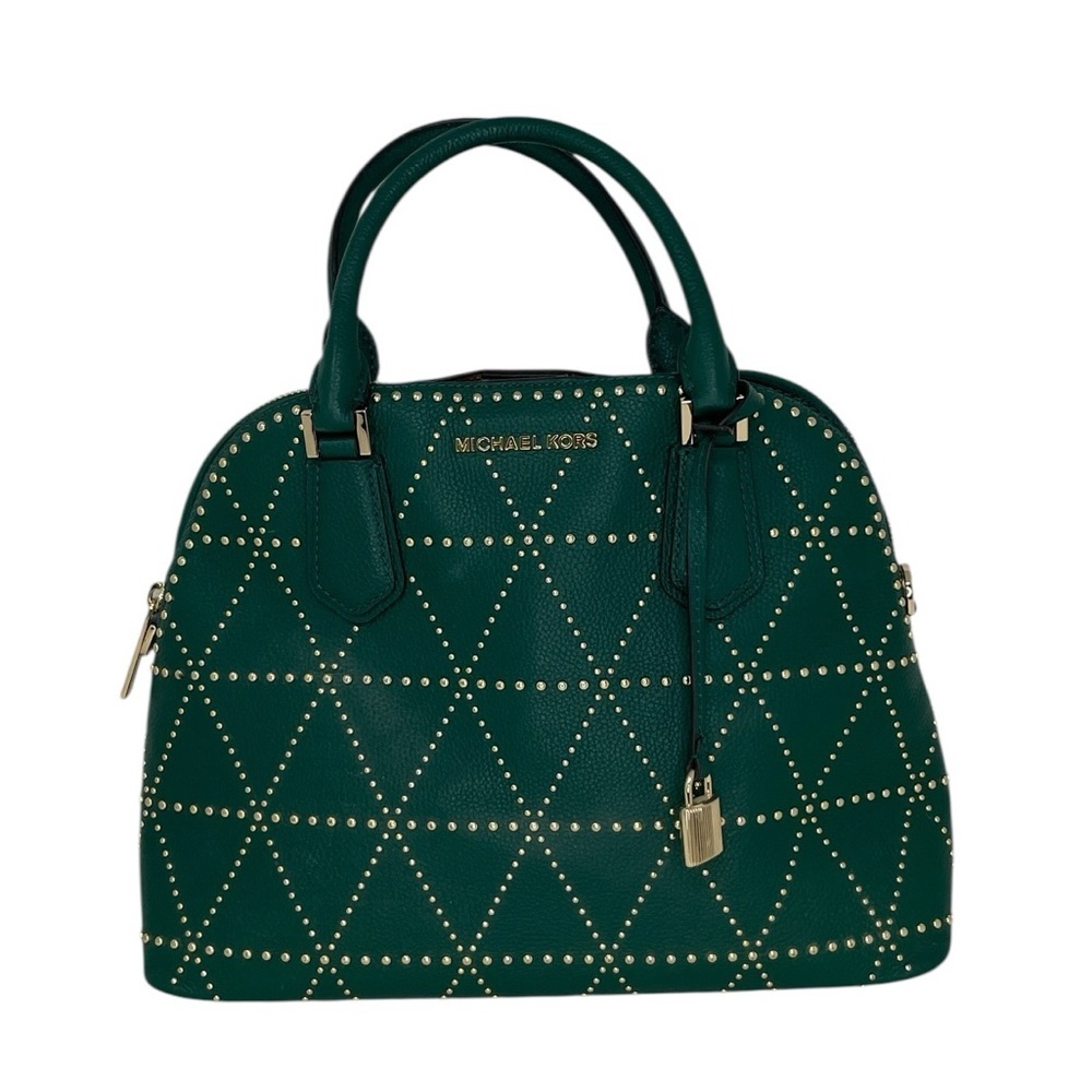 Michael Kors Purse Green Leather Gold Studded Women's Shoulder Bag Pockets